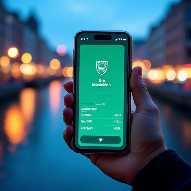 Sleek smartphone interface showing secure financial tracking with Dublin skyline background